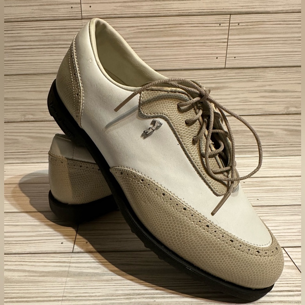 Lady Fairway Monte Carlo Beige And White Leather Golf Shoes Size 8.5